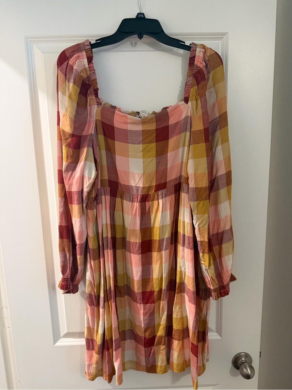 LOFT Plaid Smocked Yoke Dress in Pink, Mustard, Rust Size XL